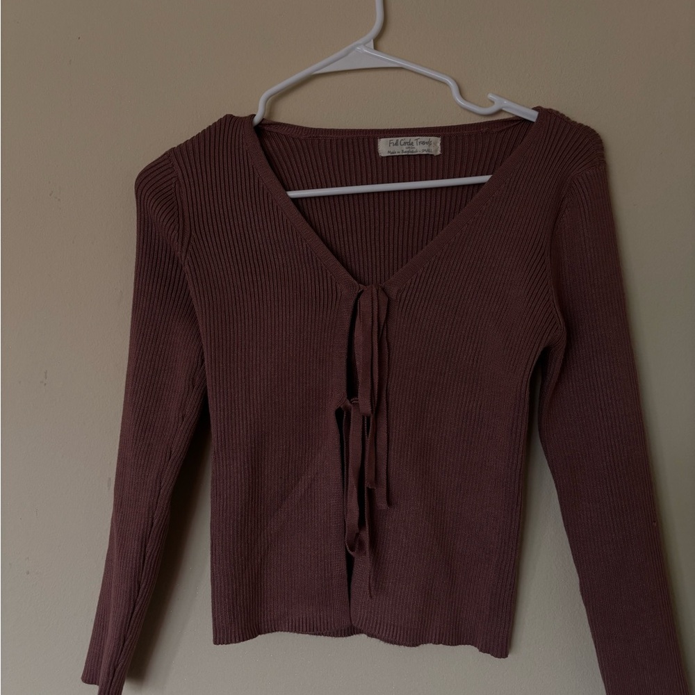 Brown Ribbed Tie-Front Cardigan